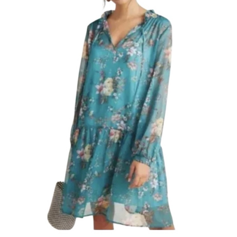 Maeve Anthropologie Emmy tunic teal floral print boho flowy long sleeve dress